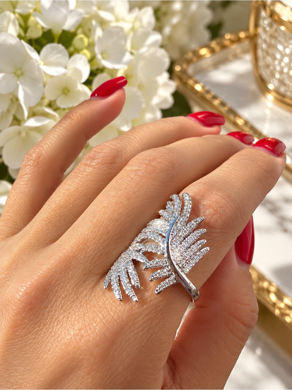 Sparkling Silver Leaf CZ Statement Ring